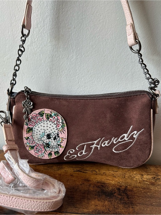 Ed Hardy Handbags - Ed Hardy Brown Suede-Like Shoulder Bag or Crossbody Bag w/ Pink Trim & Skull NWT